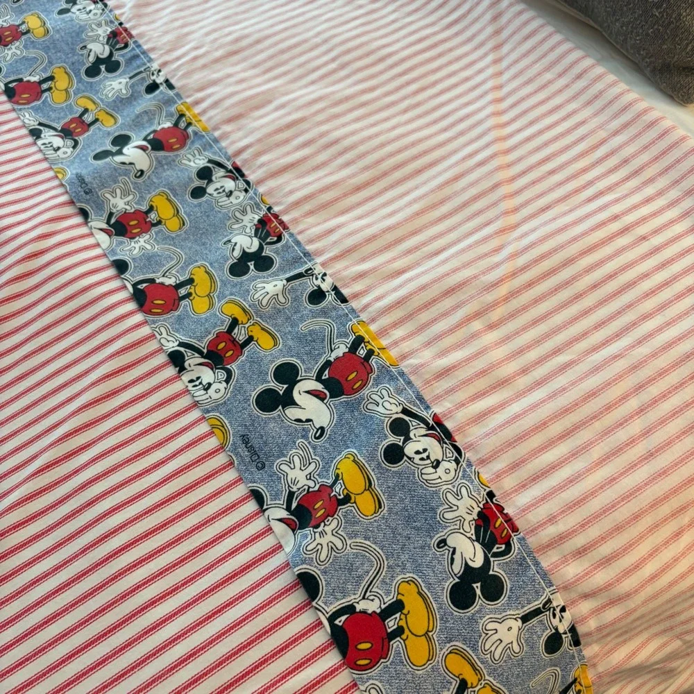 Vtg Disney‎ Mickey Bedding Flat Sheet Full Red White Ticking Stripe Cottage USA